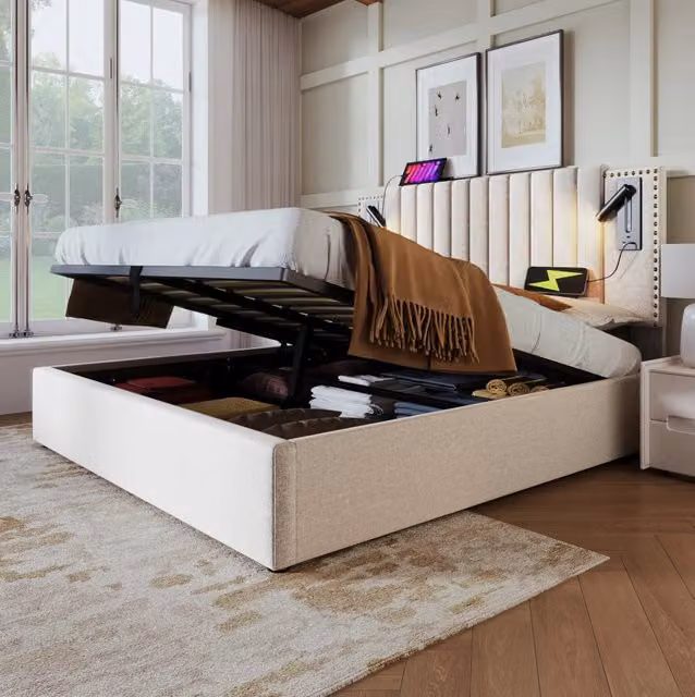 Letto matrimoniale contenitore 180x200 cm con luce da lettura e USB; cotone; beige (Senza materasso)