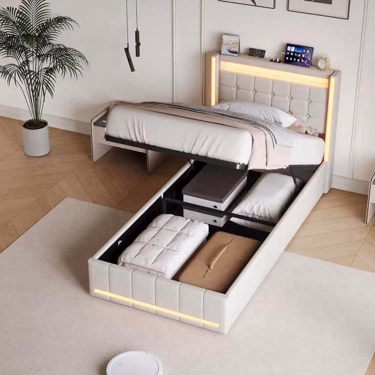 Letto imbottito REMZETTA, 90x200 cm, beige, con LED, spazio contenitore, porta USB-C e rete a molle idraulica