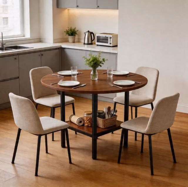 Tavolo rotondo moderno MODFU con ripiano portaoggetti in MDF e metallo, colore marrone e nero, Diametro: 100 cm, Altezza: 77 cm