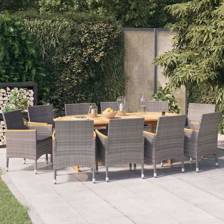 Set da pranzo per giardino vidaXL in legno di acacia con 11 pezzi e cuscini grigi
