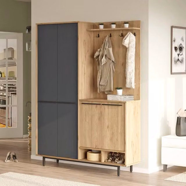 DMORA Tignale Mobile da Ingresso Moderno con 12 Ripiani e Appendiabiti, L: 147 cm, P: 36 cm, H: 196 cm, Nero Antracite – 1