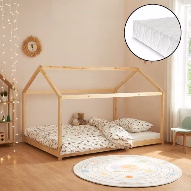 Letto per Cameretta Cerro a Forma di Casetta con Materasso 140 x 200 cm Legno Naturale [en.casa]