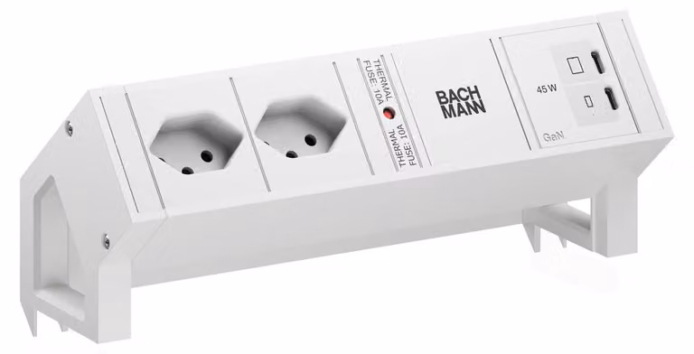 BACHMANN DESK2 bianco 2 prese a 90°, 1 porta USB C/C da 45 W, lunghezza 0,2 m, RAL 9010