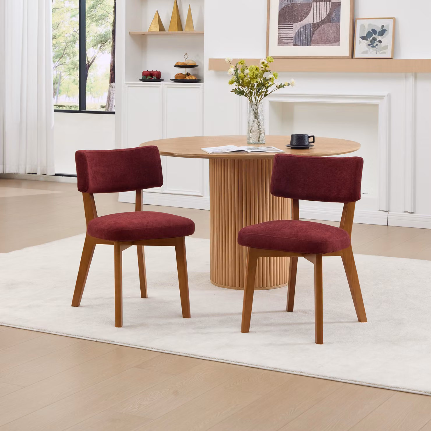 LVHOM Set di 2 sedie imbottite in massello con rivestimento in lino, sedia da pranzo ergonomica con schienale, sedia da cucina, sedia da salotto di metà secolo, rosso