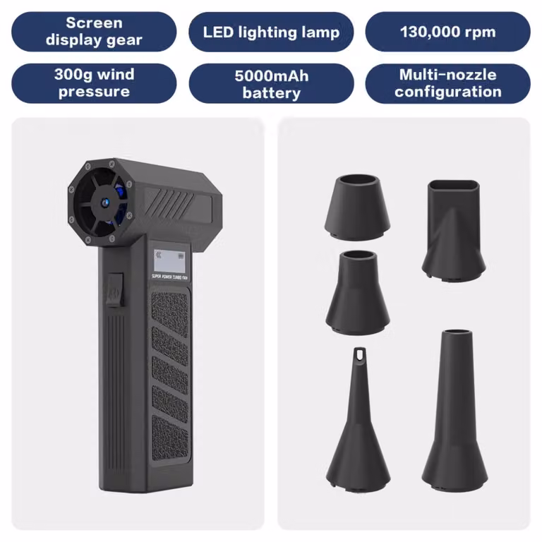 INF Soffiatore Portatile Mini a Batteria - Motore Brushless ad Alto Regime, 5200mAh Ricaricabile con 4 Velocità Regolabili Nero