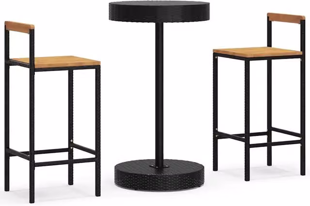 Set Bar Giardino 3 pz | Set Salotto da Giardino Nero Polyrattan e Legno Massello Acacia
