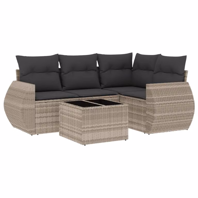 Set Divano da Giardino 5pz con Cuscini Grigio Chiaro Polyrattan