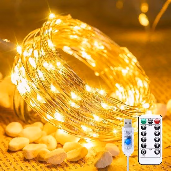 Ghirlanda luminosa a LED, lunghezza 10 metri, 100 LED, connettore USB, telecomando e timer, impermeabile, 8 modalità, ideale per camere da letto, interni, decorazioni, feste, matrimoni, Natale, decorazioni festive