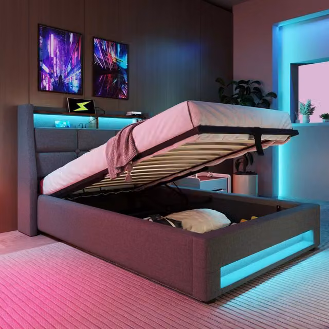 Letto singolo con contenitore 90 × 200 cm imbottito con LED e USB rivestito in lino grigio