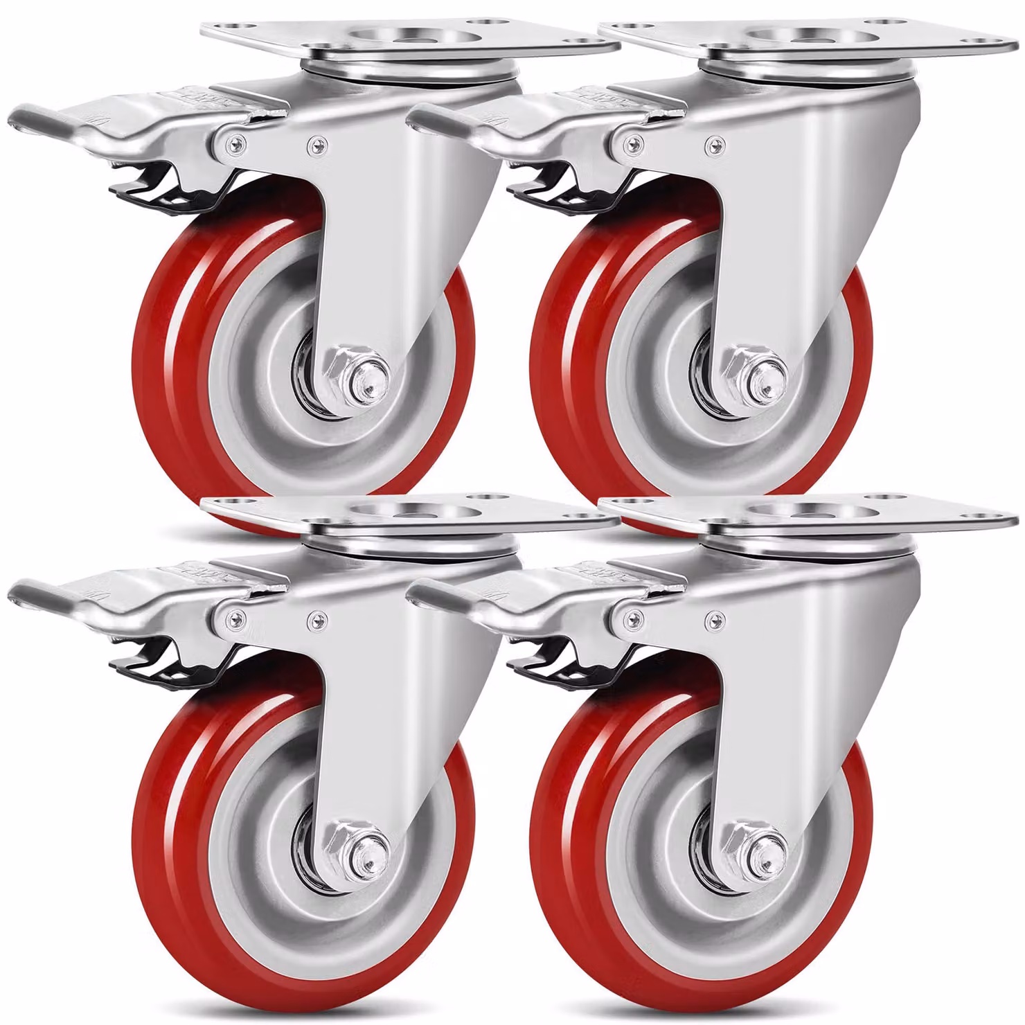 Set di 4 ruote industriali robuste con freno, diametro 75 mm, capacità di carico di 500 kg, realizzate in gomma massiccia