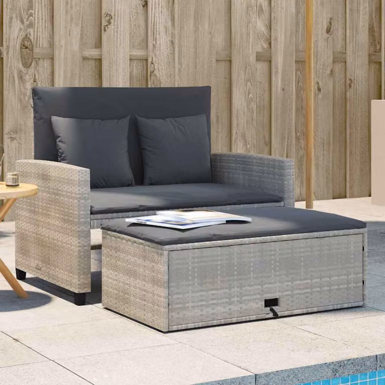 vidaXL Divano da Giardino a 2 Posti in Polyrattan Grigio con Cuscini e Funzione Letto