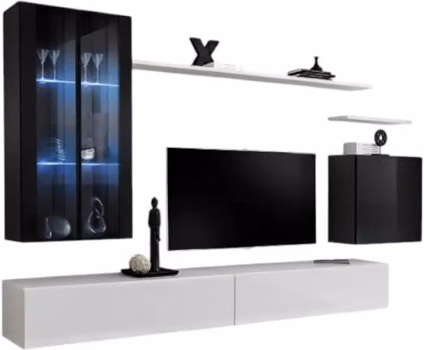 Composizione murale SWITCH XII - Mobili TV, vetrine LED, cubo e scaffali - Bianco e nero lucido - Design moderno