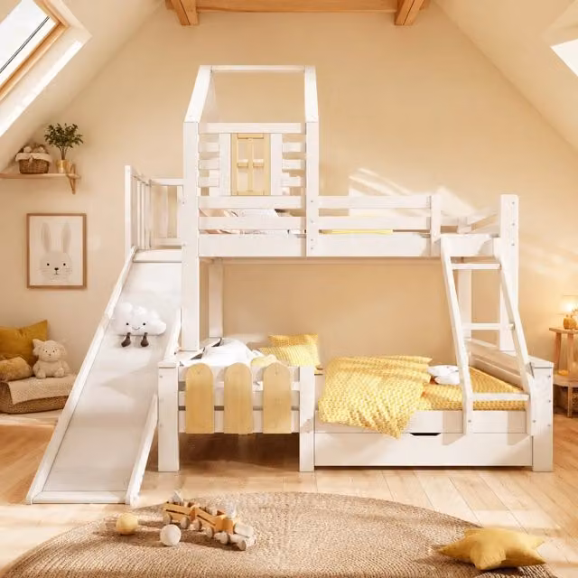 Letto a castello con scivolo e cassetto 90x200 e 140x200 cm; bianco e naturale