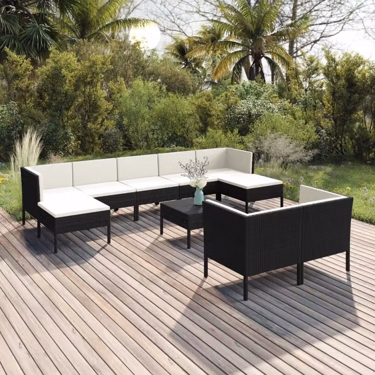 The Living Store Set da giardino da 10 pezzi con cuscini in poly rattan nero