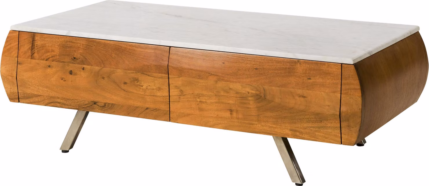 MASSIVMOEBEL24 | Tavolino da salotto in legno di acacia 124x60x40 laccato naturale / marmo bianco MONTREAL #130