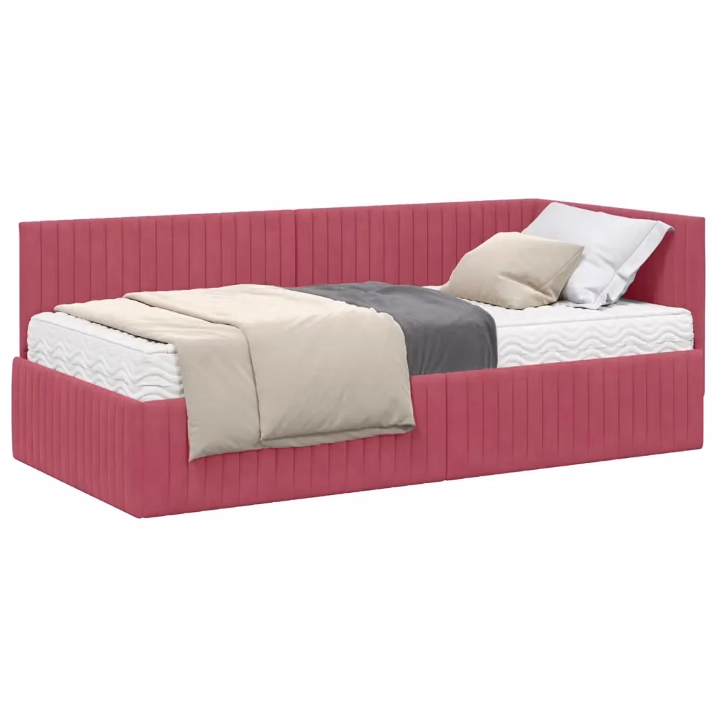 Letto Angolare con 2 Materassi vidaXL in Velluto Rosso con Struttura in Legno e Tessuto L/P/H: 194 x 90 x 72 cm – 2