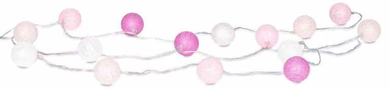 Catena luminosa a LED, lunghezza 2,80 metri, 15 palline di cotone, rosa/bianco, luce bianca calda