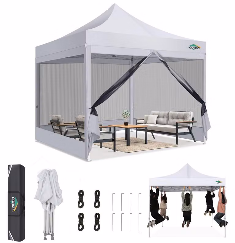 Gazebo da esterno 3x3 metri con zanzariera, impermeabile, protezione UV 50+, regolabile in altezza, con 4 pareti laterali, realizzato in tessuto Oxford 420D, completo di borsa per il trasporto, colore bianco