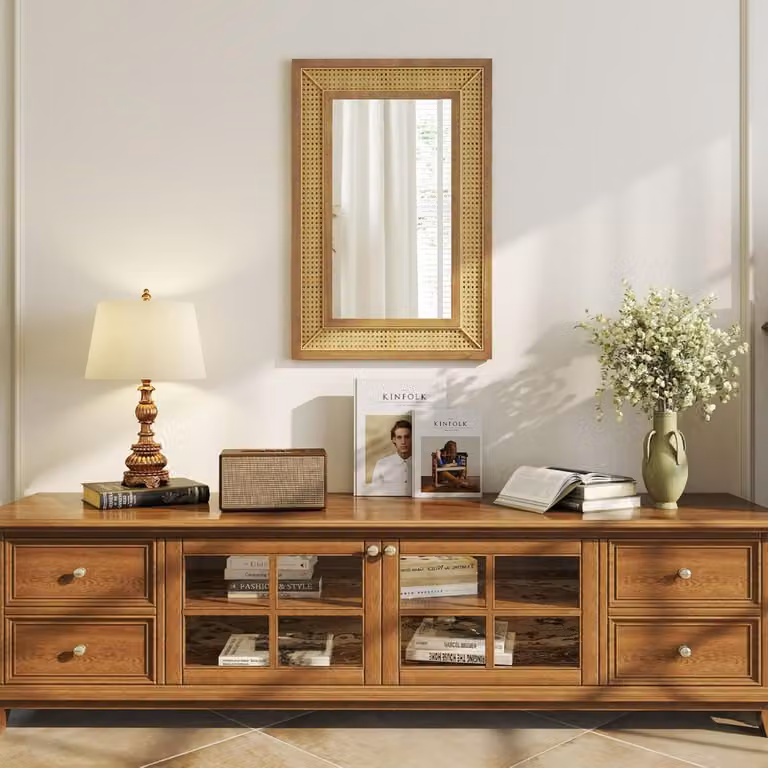 Specchio da parete rotondo Costway in rattan e legno marrone stile bohemien L: 90 cm, H: 60 cm
