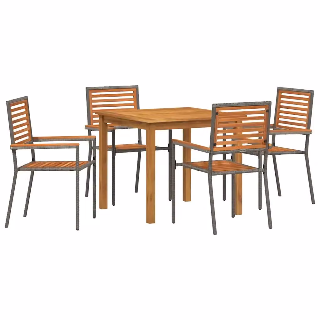Set da pranzo per giardino e terrazzo vidaXL in rattan e legno di acacia, 5 pezzi, Grigio e Marrone – 2