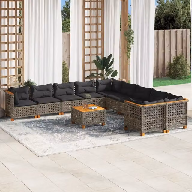 Set di divani da giardino vidaXL in polyrattan grigio con cuscini e tavolino da esterno a forma di U per 11 persone