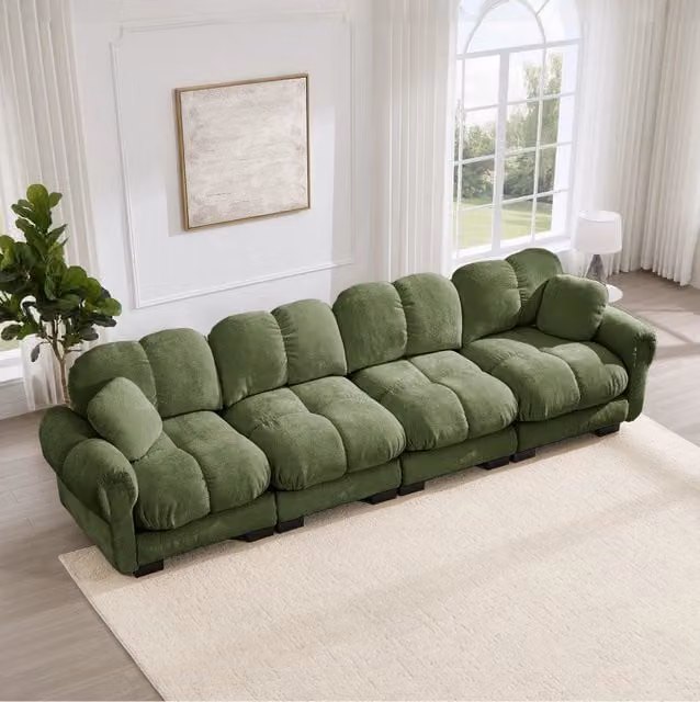 Divano modulare 330x86x90 cm in ciniglia con cuscini trapuntati; verde