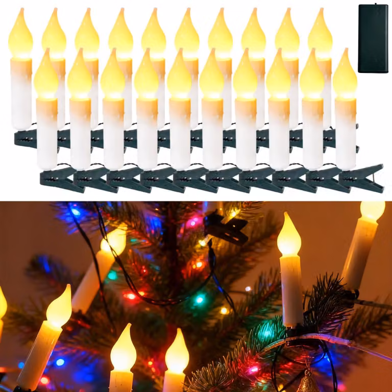 Catena di luci a LED a forma di candele, 2 metri, 20 pezzi, luce bianco caldo, effetto tremolante