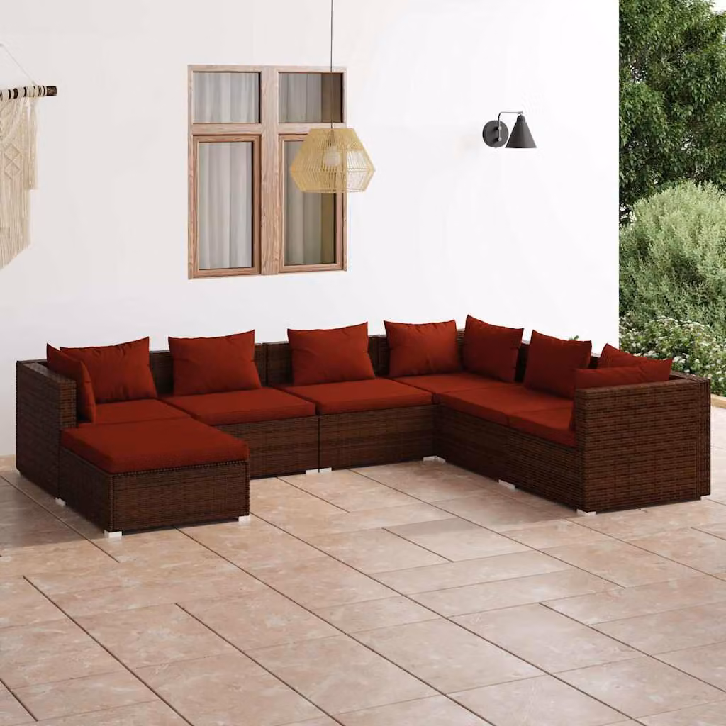 Set Divani da Giardino vidaXL 7 pz in Polyrattan Marrone con Cuscini e Struttura in Acciaio