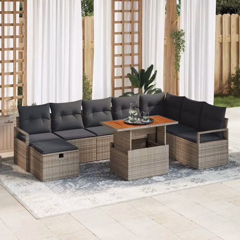 Set Divano da Giardino vidaXL 9 pz a forma a U in Polyrattan Grigio con Cuscini e Tavolino