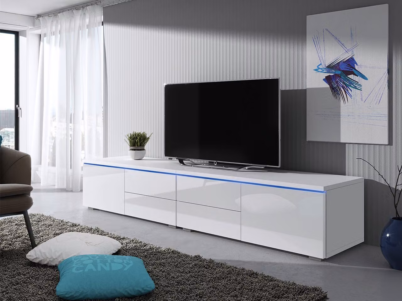Tavolino per TV con illuminazione a LED FERNS D 11 - bianco / bianco lucido