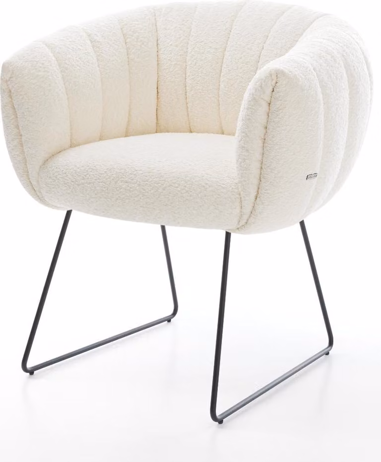 DELIFE Sedia da pranzo Jada-Flex, rivestimento in tessuto bouclé bianco, struttura a slitta nera, imbottitura in molle insacchettate