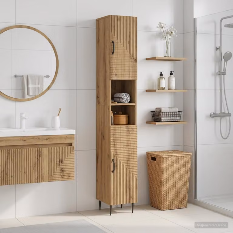 vidaXL Armadio da Bagno HAARLEM in Rovere con Ripiano Aperto e Ante a Battente, Marrone, L: 60 cm, P: 31 cm, H: 190 cm