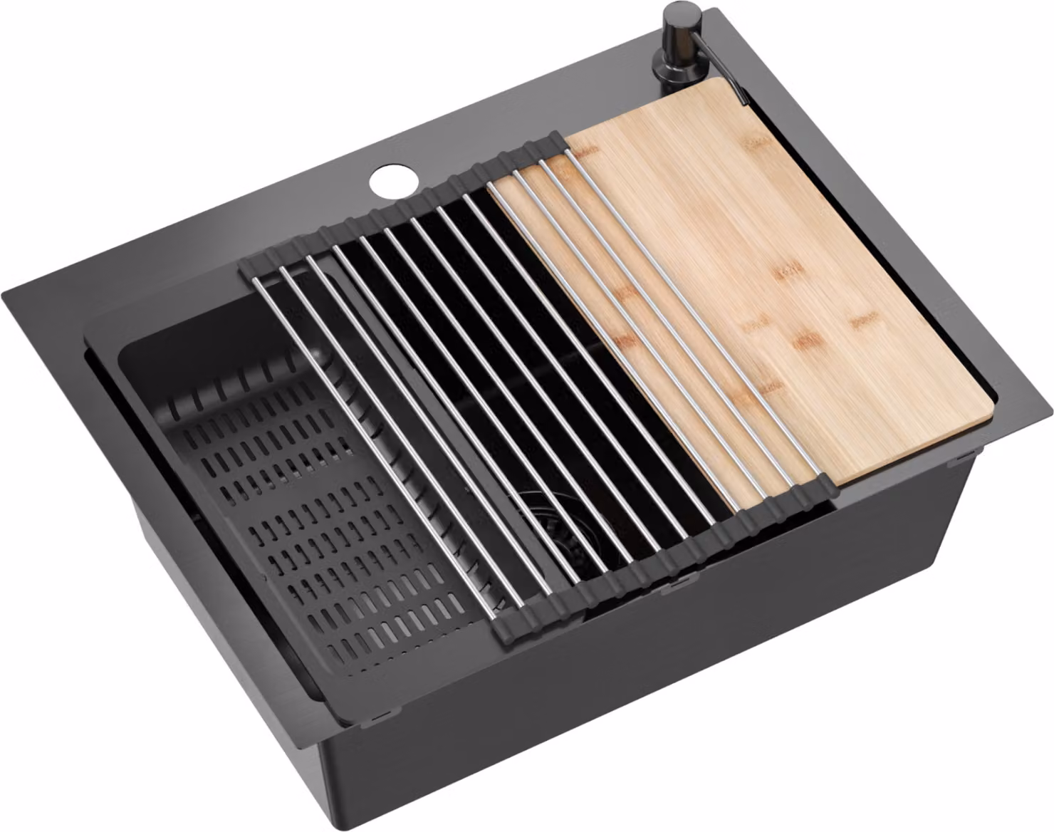 VBChome Lavello in acciaio inox 58 x 45 cm Nero Set di accessori Dispenser Tagliere Tappetino arrotolabile Scolapiatti pieghevole Lavello da incasso con due fori Sifone