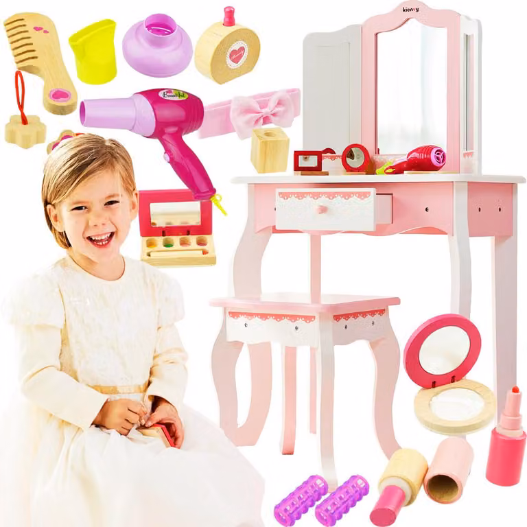 Tavolino da toilette in legno rosa, triplo specchio, cassetto + sedia + 8 accessori