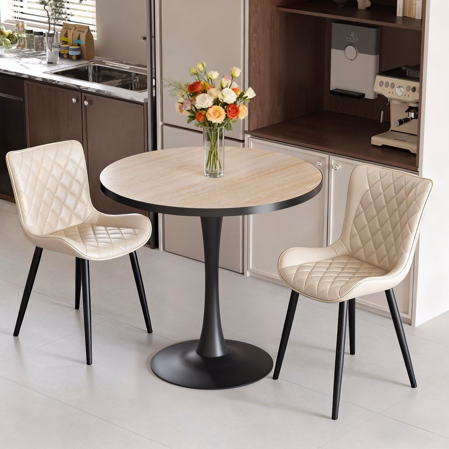 Tavolo rotondo da pranzo, 77x77x80 cm, in sinterizzata, con struttura in metallo, design moderno