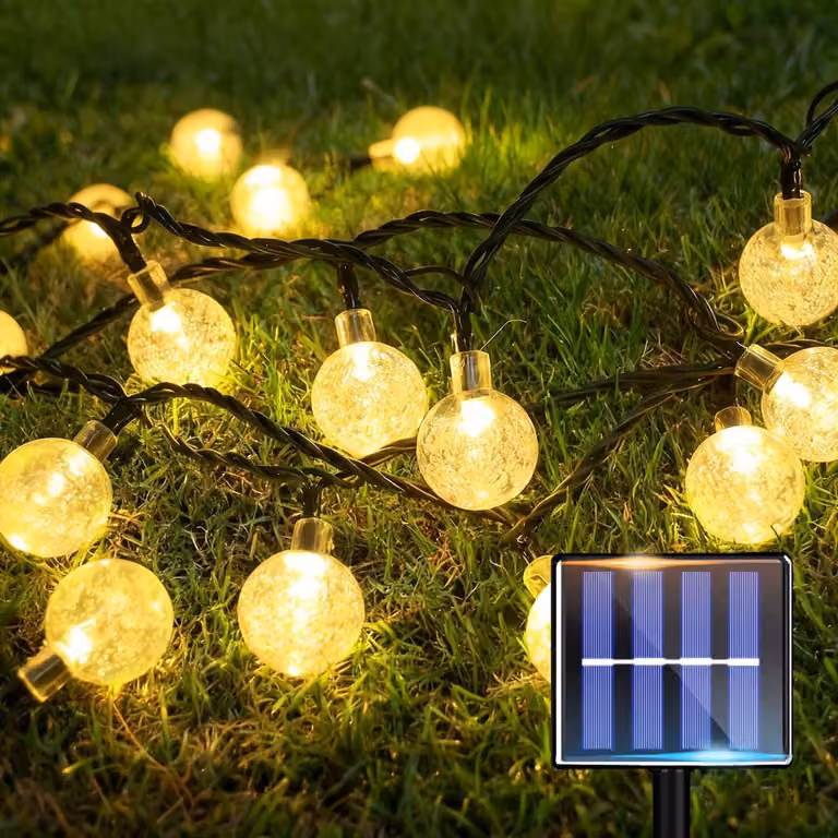 Catena luminosa solare, 15 metri, 60 luci a LED a forma di sfera, luce bianca calda, grado di protezione IP64, resistente alle intemperie