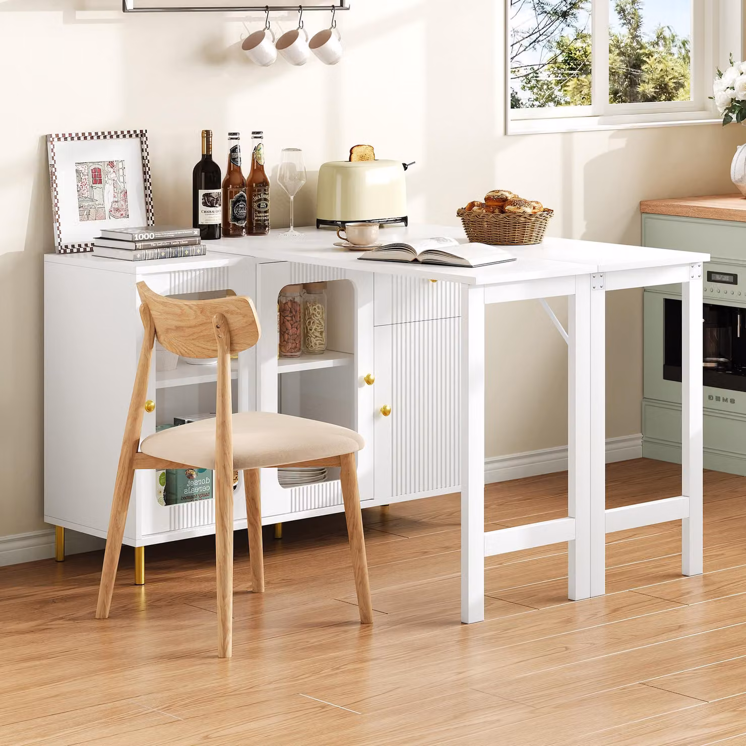 Credenza MERAX con piano allungabile Cassettiera girevole a 360° con ante scorrevoli in vetro e gambe in metallo, mobile da cucina