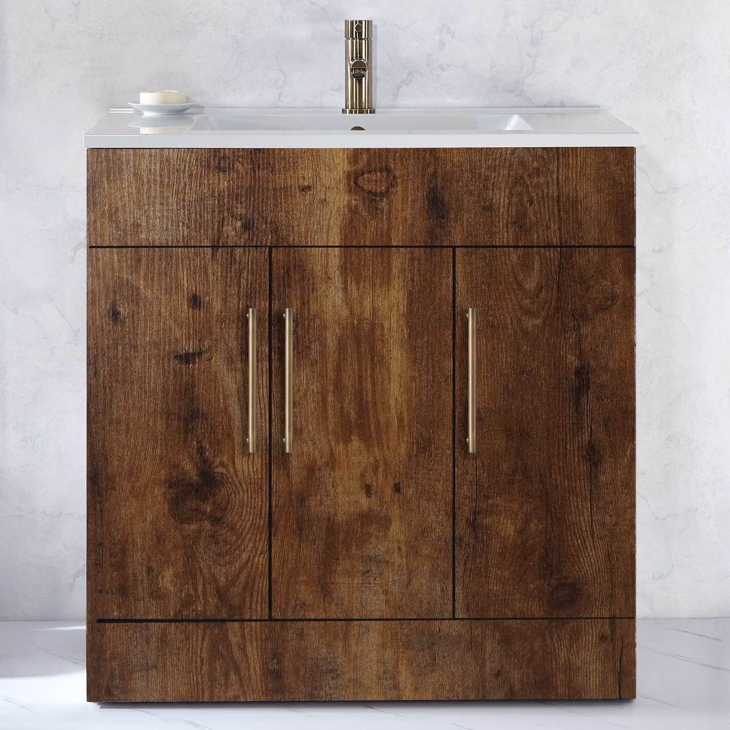 Mobile Bagno a Terra Rovere Scuro da 810mm con Lavabo e Maniglie con Barra a T in Ottone Spazzolato - Cluo