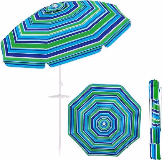 Ombrellone da spiaggia resistente al vento con protezione UV - Ombrellone senza cavo con base a incasso - Ombra sulla spiaggia - Ombrellone da spiaggia con rotazione meccanica