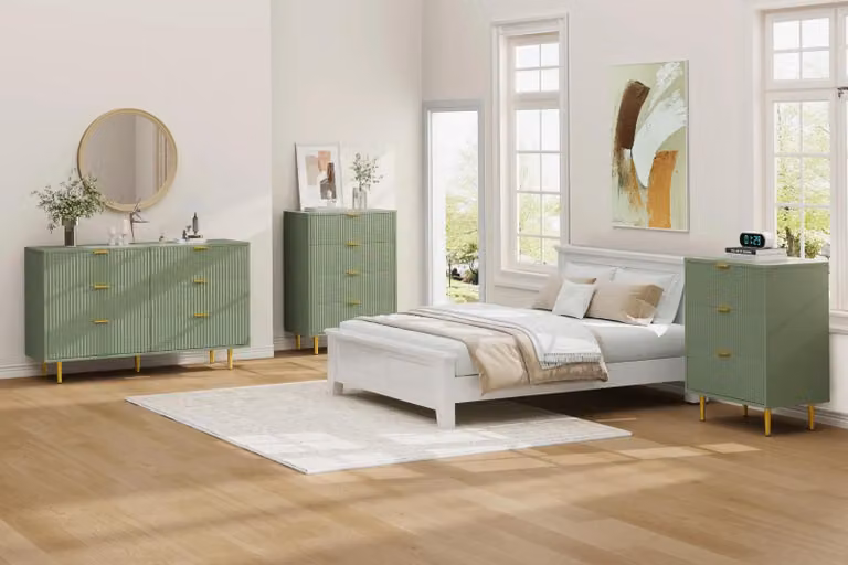 Comò con 6 cassetti - Mobile contenitore - 100 x 39,5 x 74,8 cm - Ante a onda in MDF - Maniglie e gambe dorate - Sistema antiscottatura - Colore 02