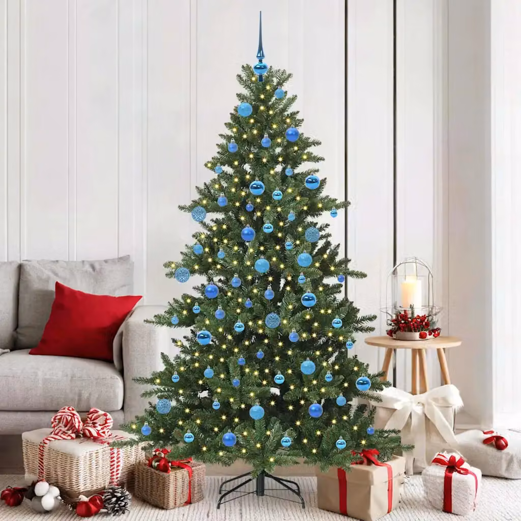 Albero di Natale Artificiale Moderno vidaXL con LED Warm White e Rami Pieghevoli in Verde, PVC e Metallo, Altezza: 180 cm