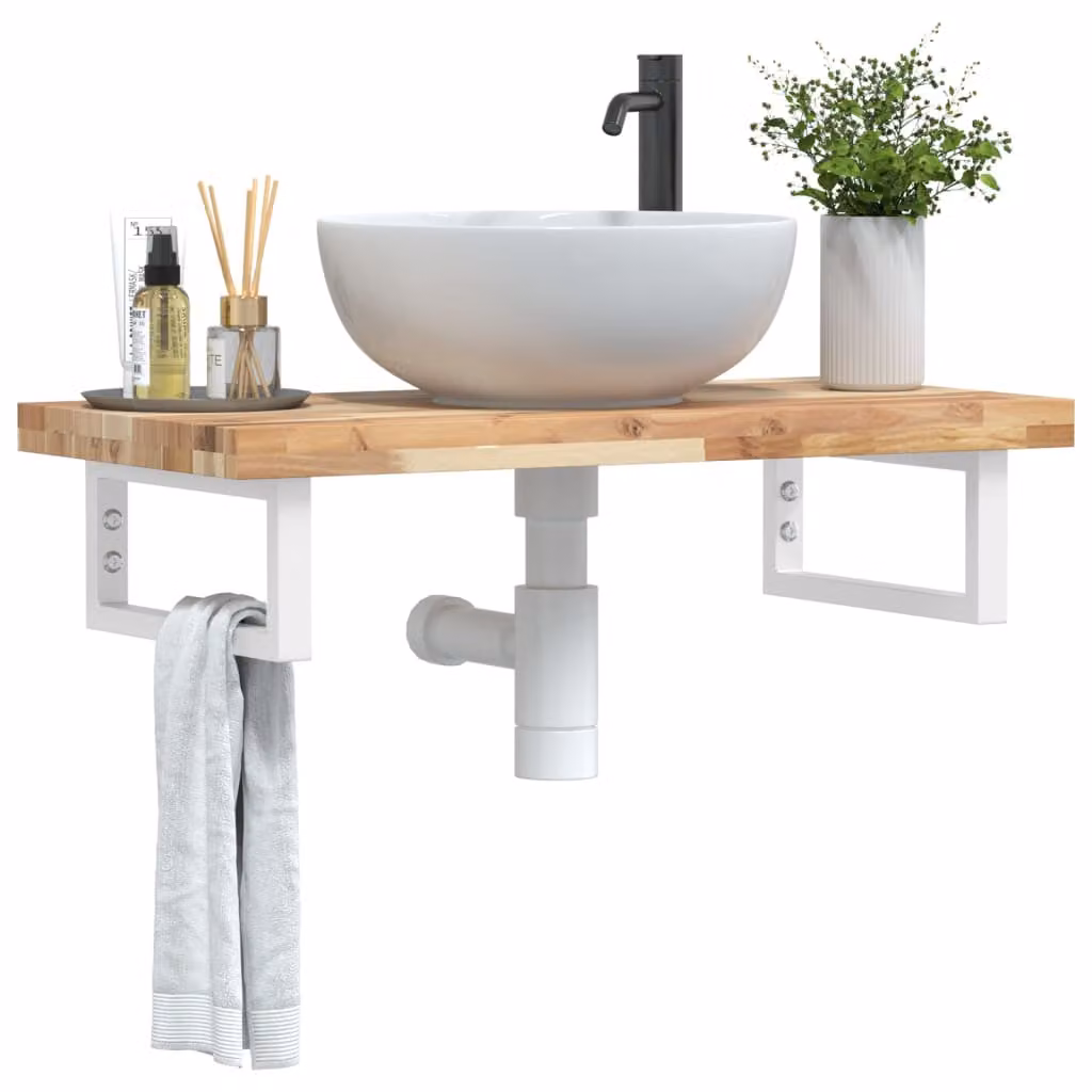 vidaXL Ripiano da parete per lavabo in legno di acacia e metallo, Bianco e Marrone, L: 40 cm, P: 19 cm, H: 40 cm