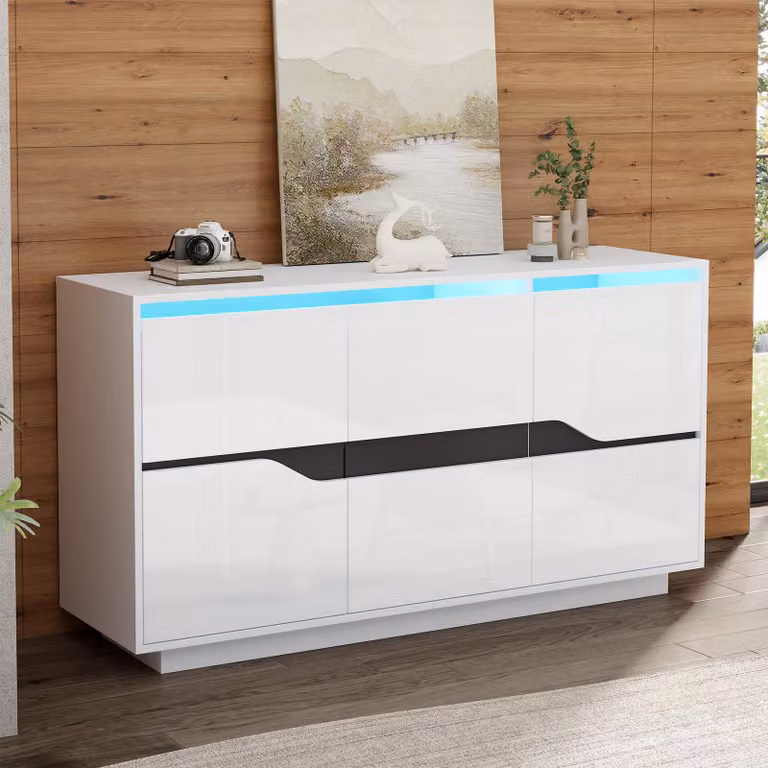 Credenza Merax 140 cm con 3 ante e ripiani regolabili, cassettiera con design a blocchi di colore, illuminazione app LED, bianco-nero lucido