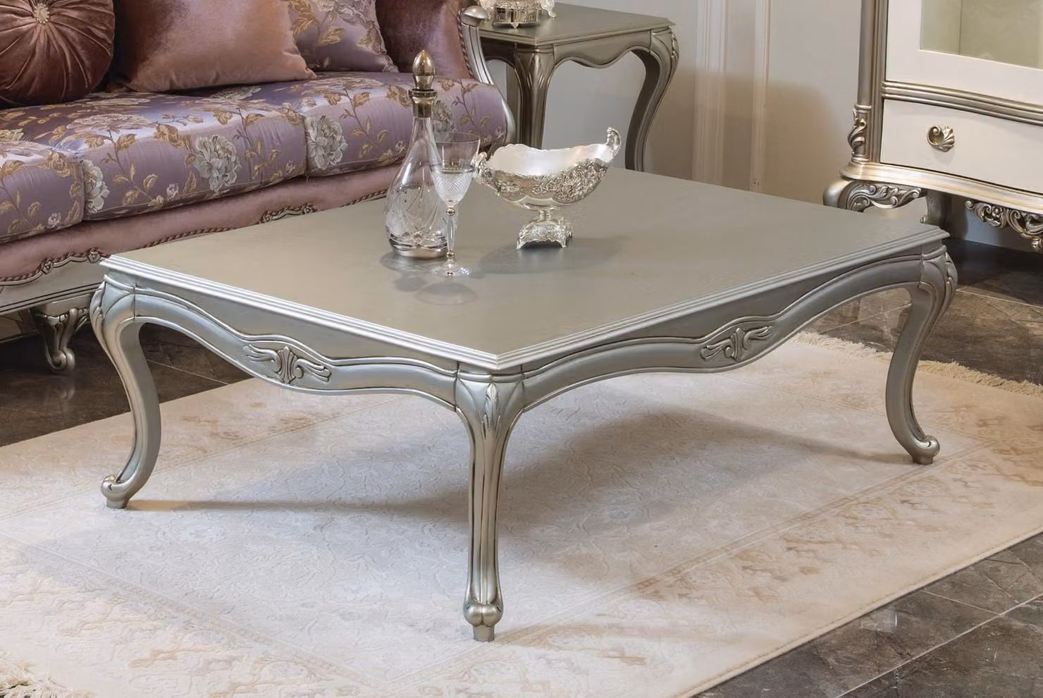 Luxus Couchtisch Klassische Couchtische Silberner Tisch Beistelltisch Holz