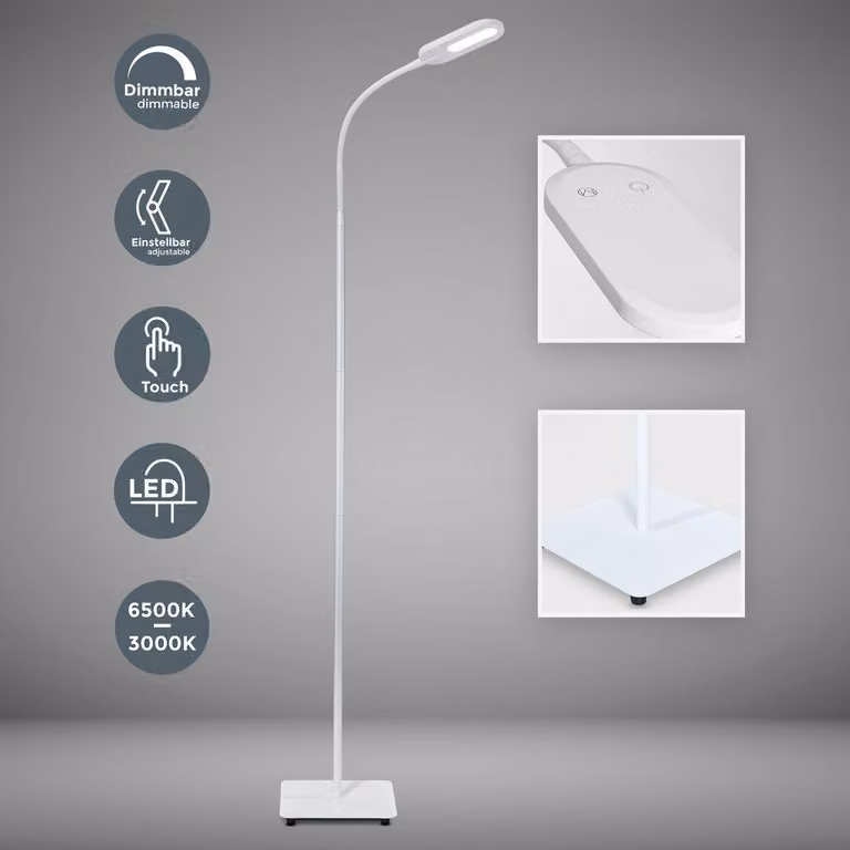 B.K.Licht Lampada da terra LED, piantana dimmerabile su 4 livelli, luce calda neutra o fredda, altezza d?uso 1,28m, LED integrati 8W, 600Lm, orientabile, lampada a stelo touch moderna, bianca IP20