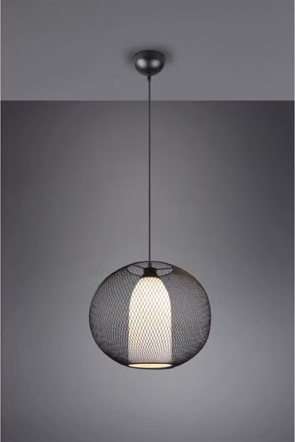 Lampadario a sospensione Trio Leuchten con gabbia metallica tonda e vetro opale bianco, colore nero