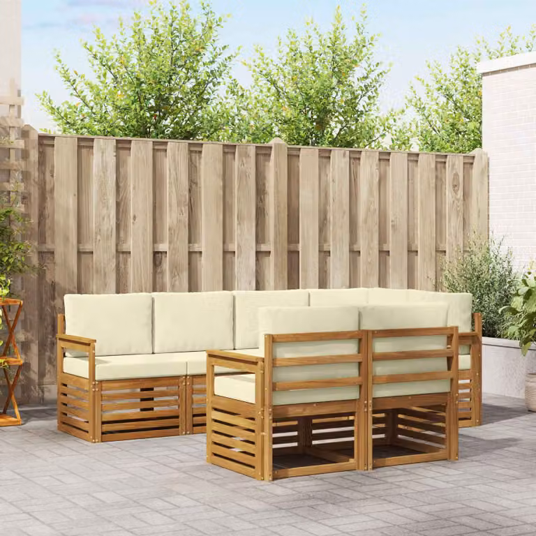 Set di divani da esterno vidaXL a forma di L composto da 7 pezzi in legno di acacia con cuscini beige e bianchi in poliestere resistente ai raggi UV