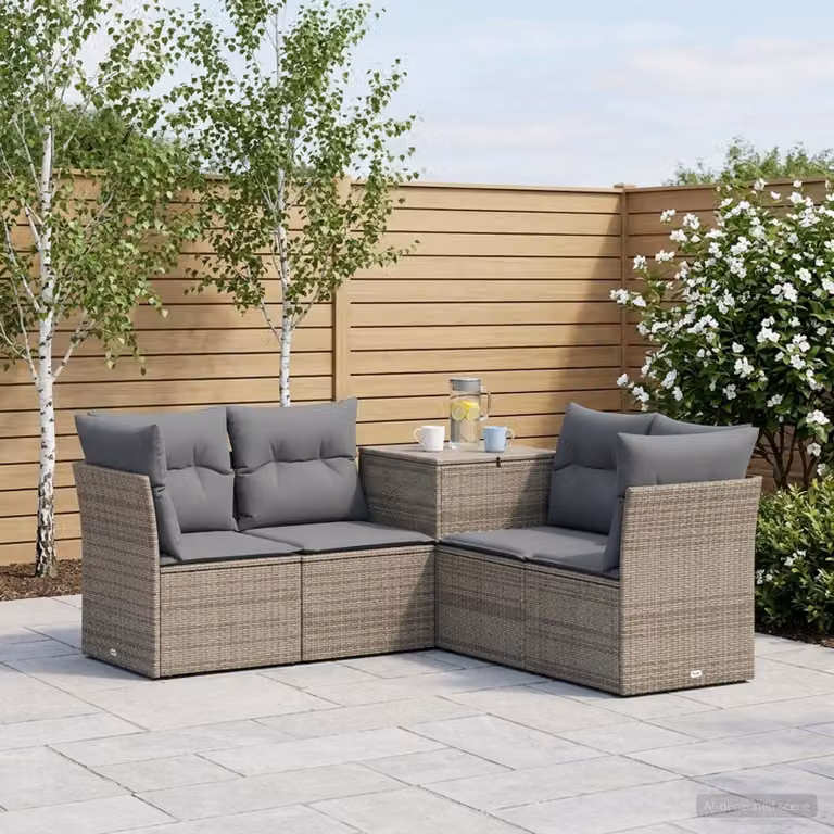 Set di divani da giardino vidaXL a forma di L in polyrattan grigio con cuscini inclusi