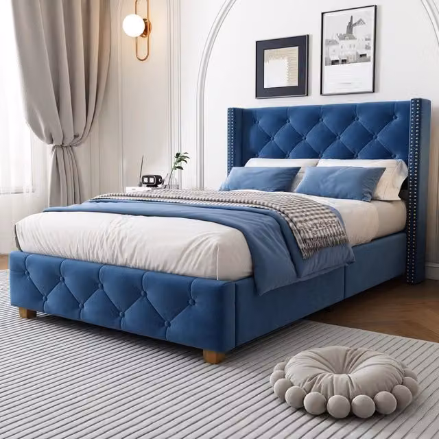 Letto singolo 90 × 200 cm con testiera imbottita e bottoni, senza materasso, in velluto blu con gambe in legno