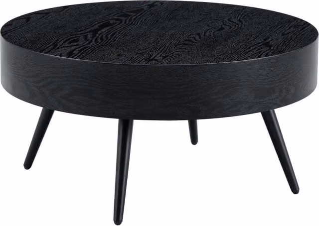 Tavolino da caffè rotondo in MDF effetto legno nero con gambe in metallo nero, Ø 70 cm, design minimalista